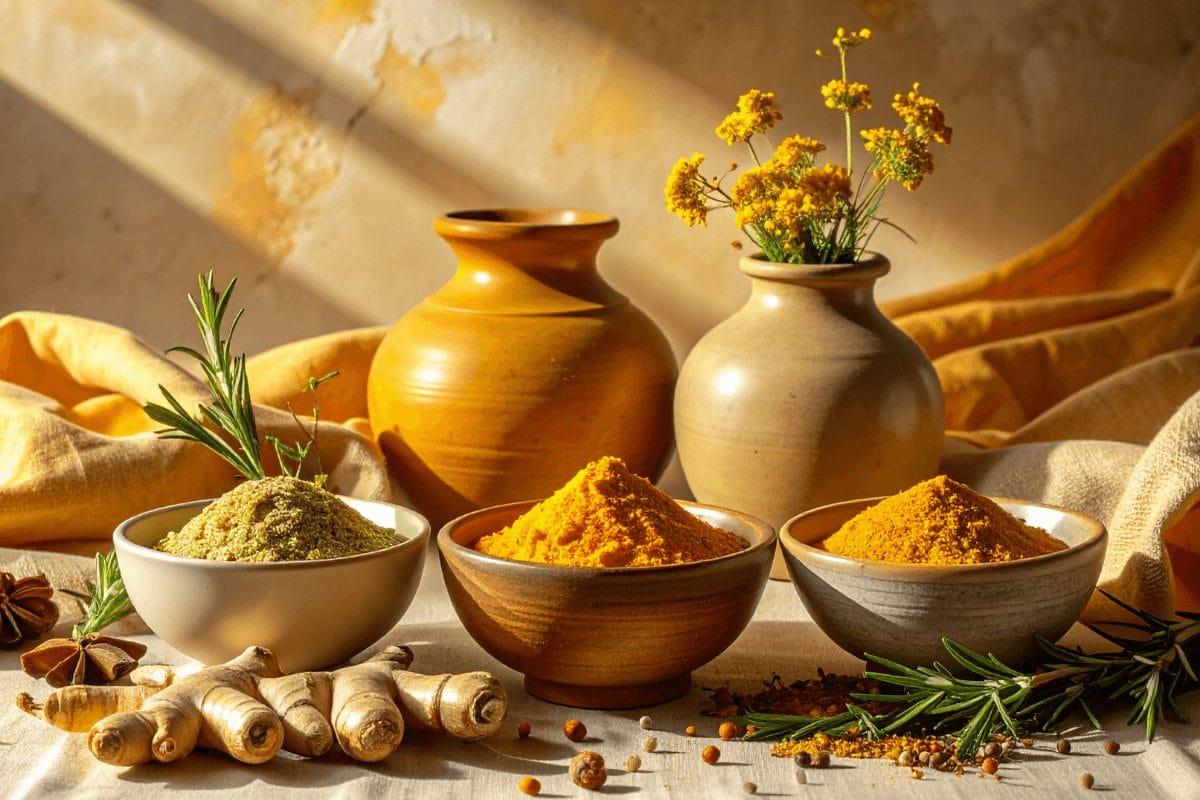 Ceramic bowls filled with Ayurvedic digestive spices like turmeric and ginger on a warm golden background, representing remedies for poor digestion and Agni balance.