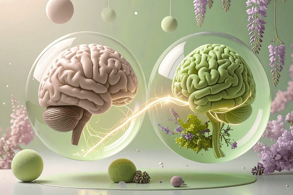 Gut Brain Connection represented by pastel color pink brain and green gut with garden.