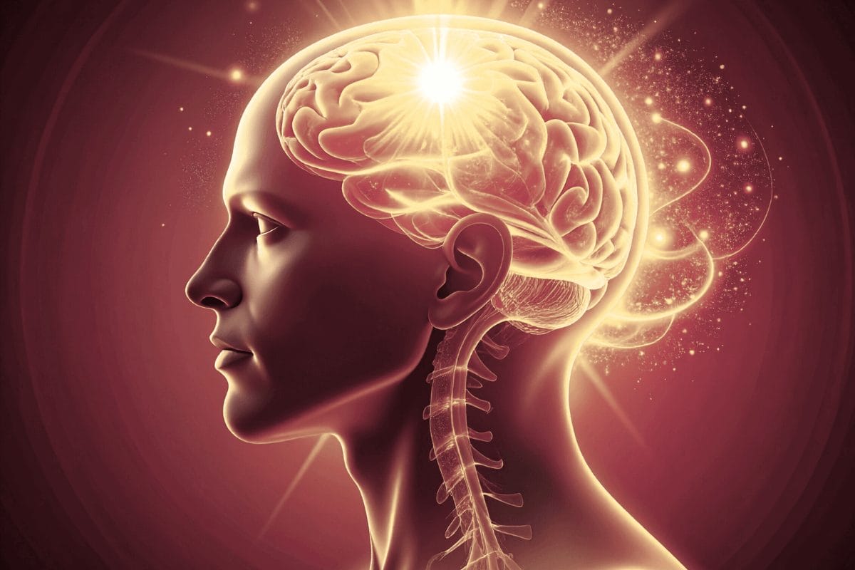 Abstract glowing brain with golden energy representing the vagus nerve and gut–brain axis, showing how emotions affect digestion and improve gut health naturally.