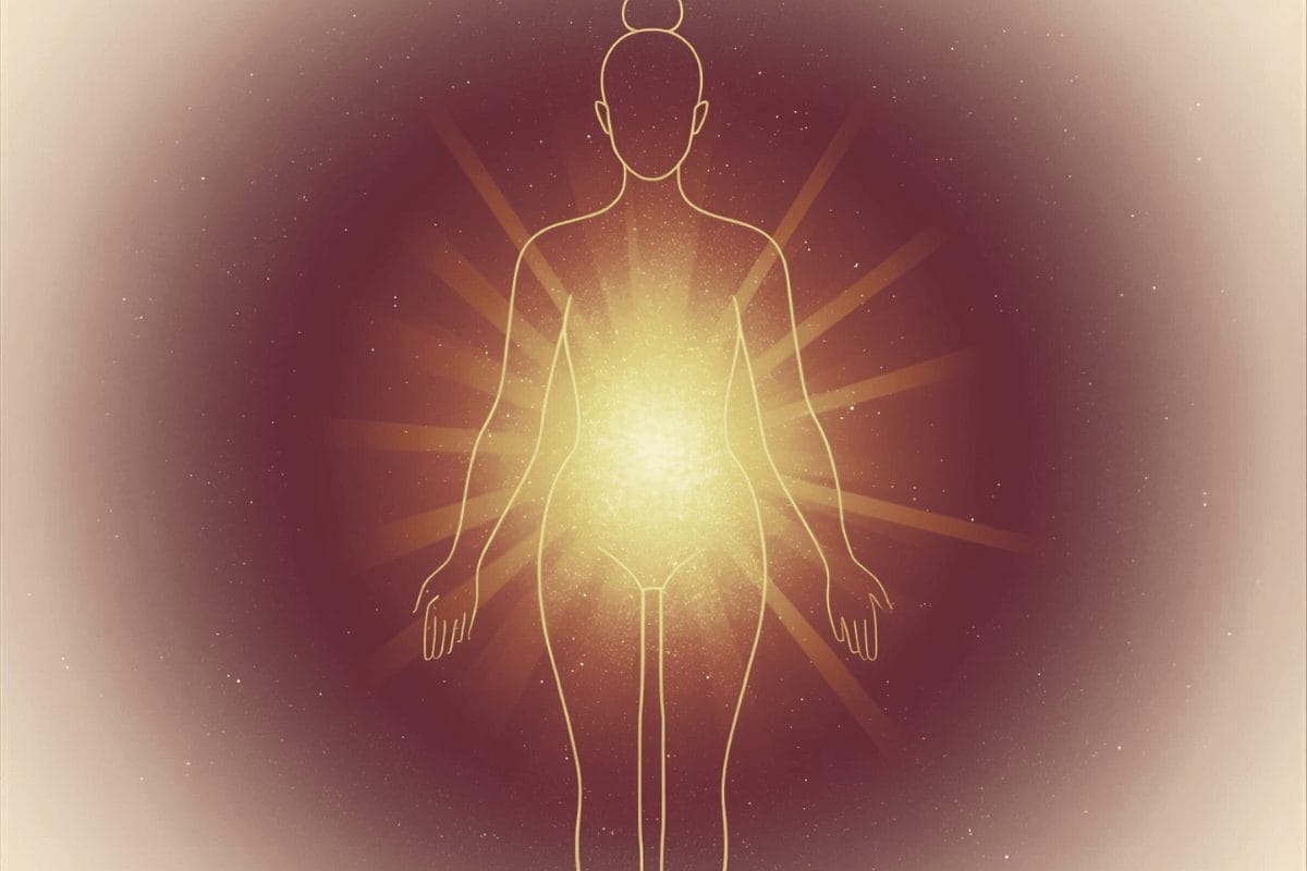 Abstract golden solar plexus energy glowing in the abdomen, symbolizing restored Agni and the power of natural digestion remedies.