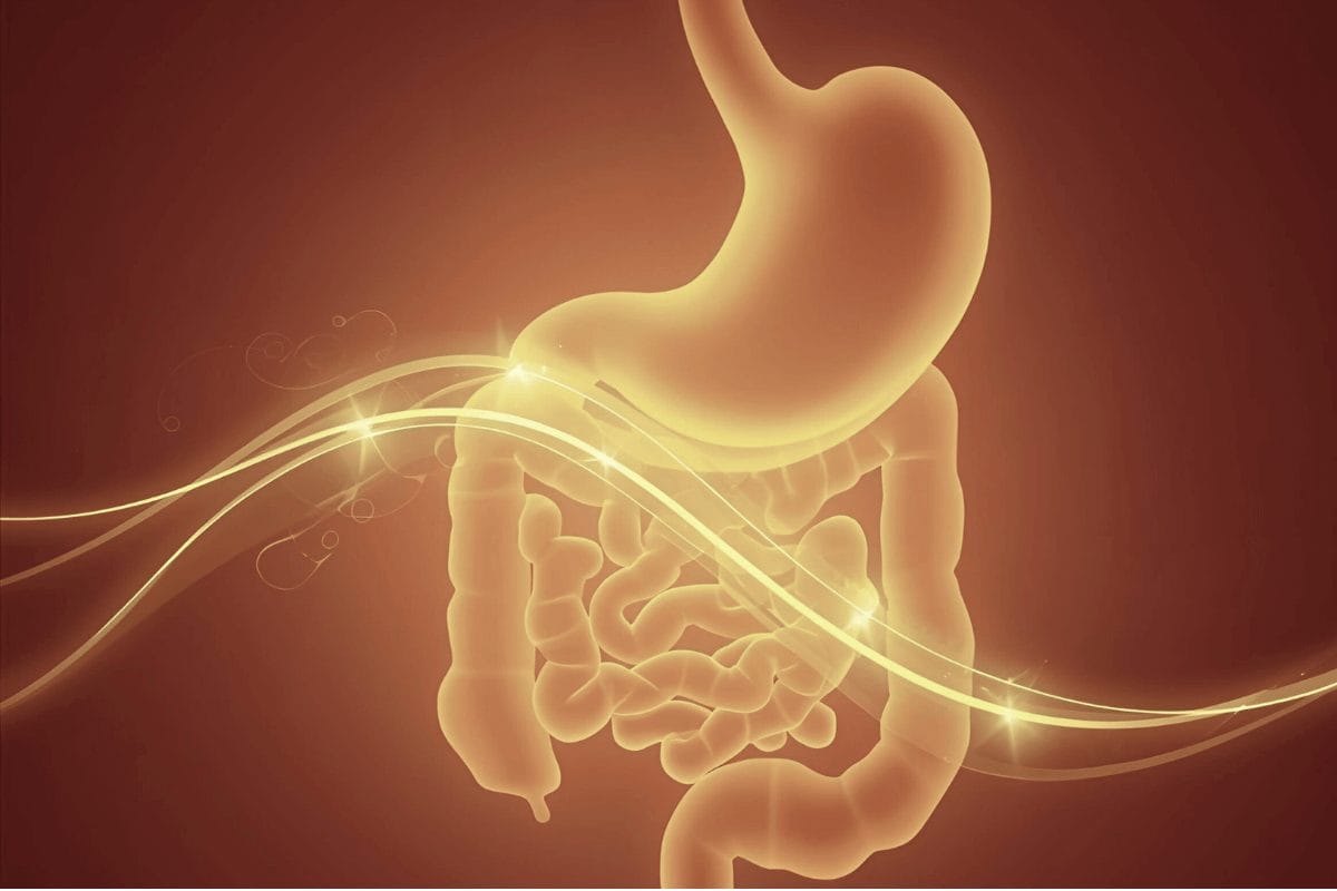Abstract illustration of golden waves moving through intestines, showing the migrating motor complex as part of poor digestion treatment and gut cleansing.