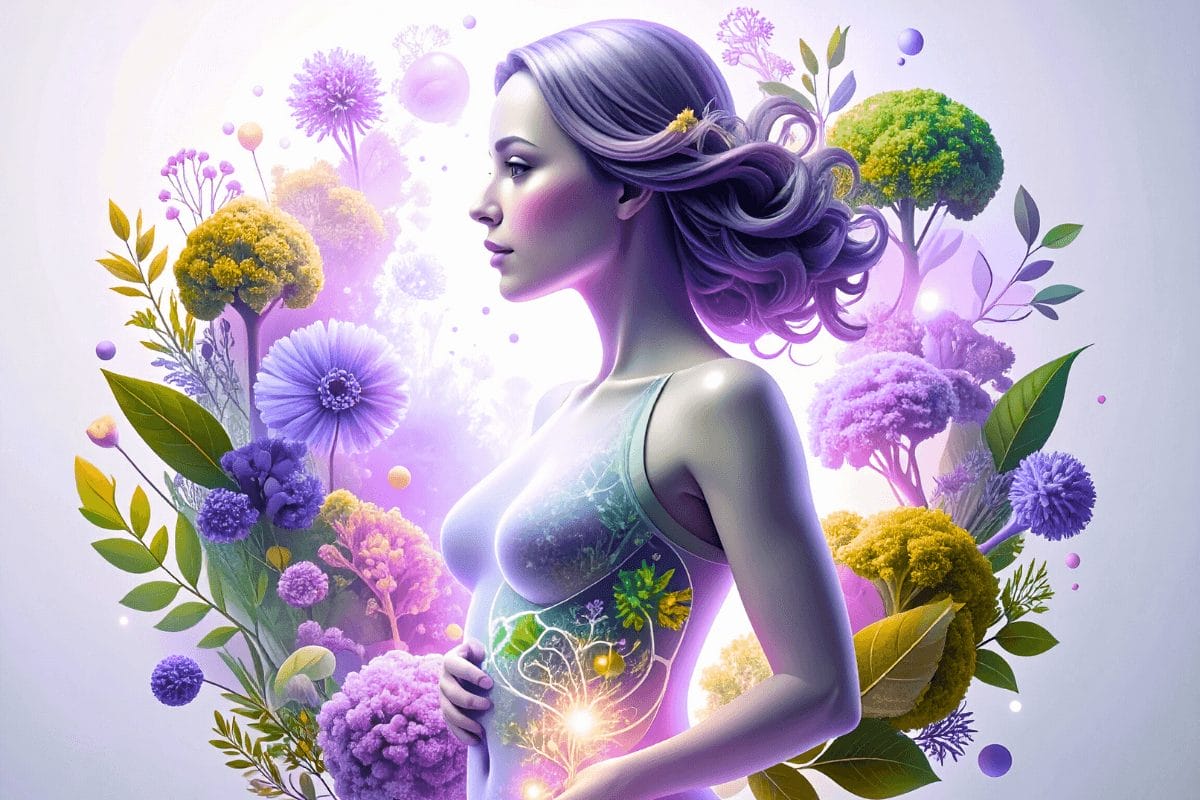 Artistic illustration of a woman surrounded by flowers and plants, symbolizing the connection between gut health, hormones, and women’s vitality.