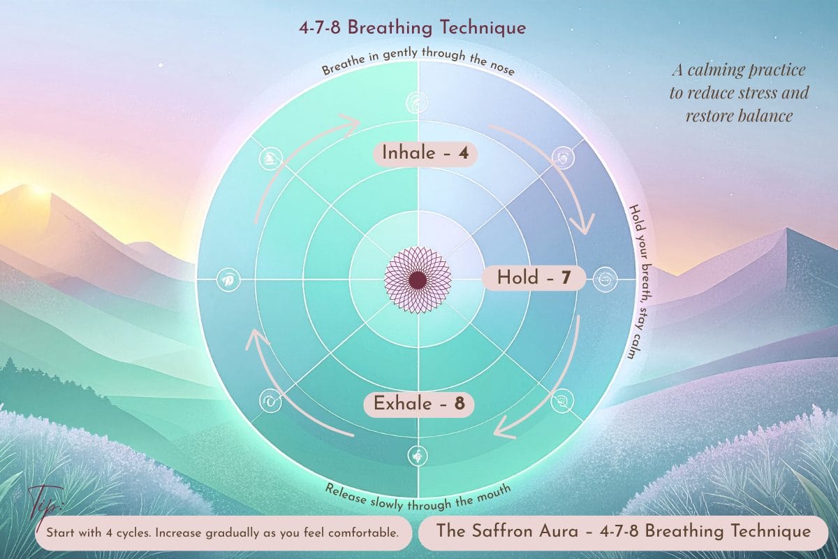 Deep breathing benefits explained through 4-7-8 breathing technique infographic with inhale, hold, and exhale steps.