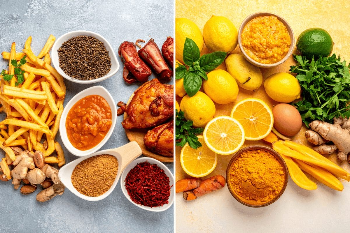 Split flat lay showing contrast between heavy, fried, processed foods on one side and vibrant lemons, turmeric, greens, and fresh herbs on the other — symbolizing Ayurvedic energetic detox and the renewal of Agni.