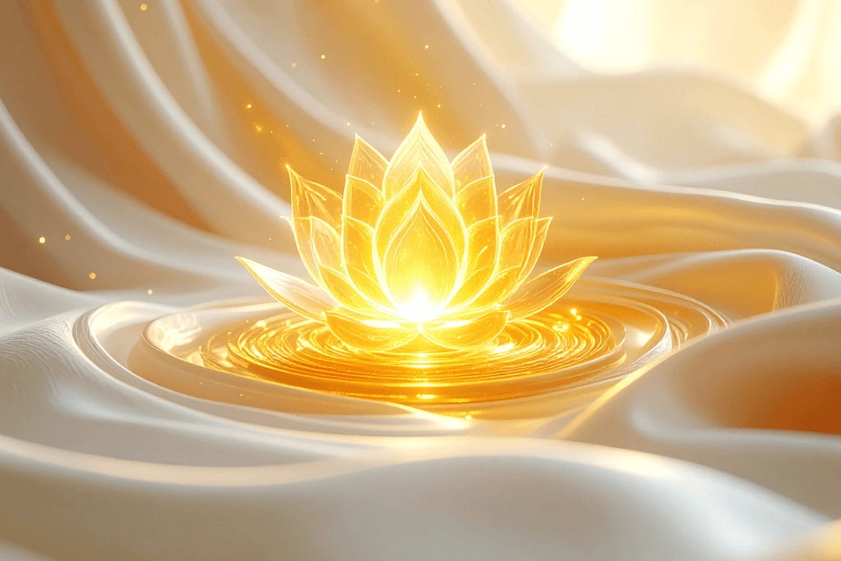 Golden lotus glowing on silk fabric, symbolizing daily integration of solar plexus chakra healing through balance, mindfulness, and radiant energy flow.