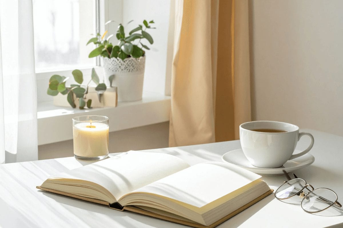An open journal beside a warm cup of tea and a vase near a softly lit window. The serene composition reflects mindful journaling, mental clarity, and reflective awareness.
