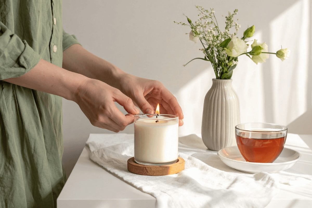 Hands gracefully lighting a candle beside a cup of herbal tea and a small vase of greens on a white table. Soft natural light and earthy hues reflect calm, grounding, and mindfulness in everyday moments.