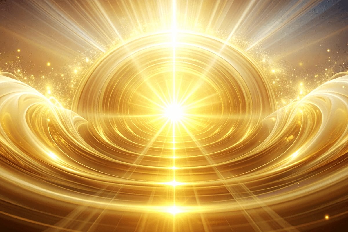 Golden concentric waves of light radiating from a luminous center, symbolizing balanced Solar Plexus Chakra energy, expanded Agni, and inner radiance flowing outward in harmony.