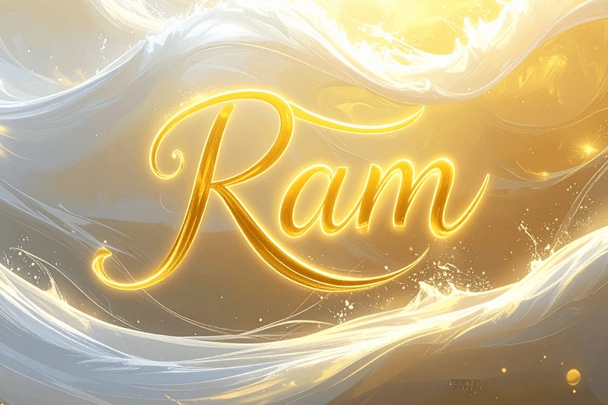 Golden RAM mantra glowing within radiant white and gold light waves, symbolizing the solar plexus chakra (Manipura) vibration for confidence, empowerment, and transformation.