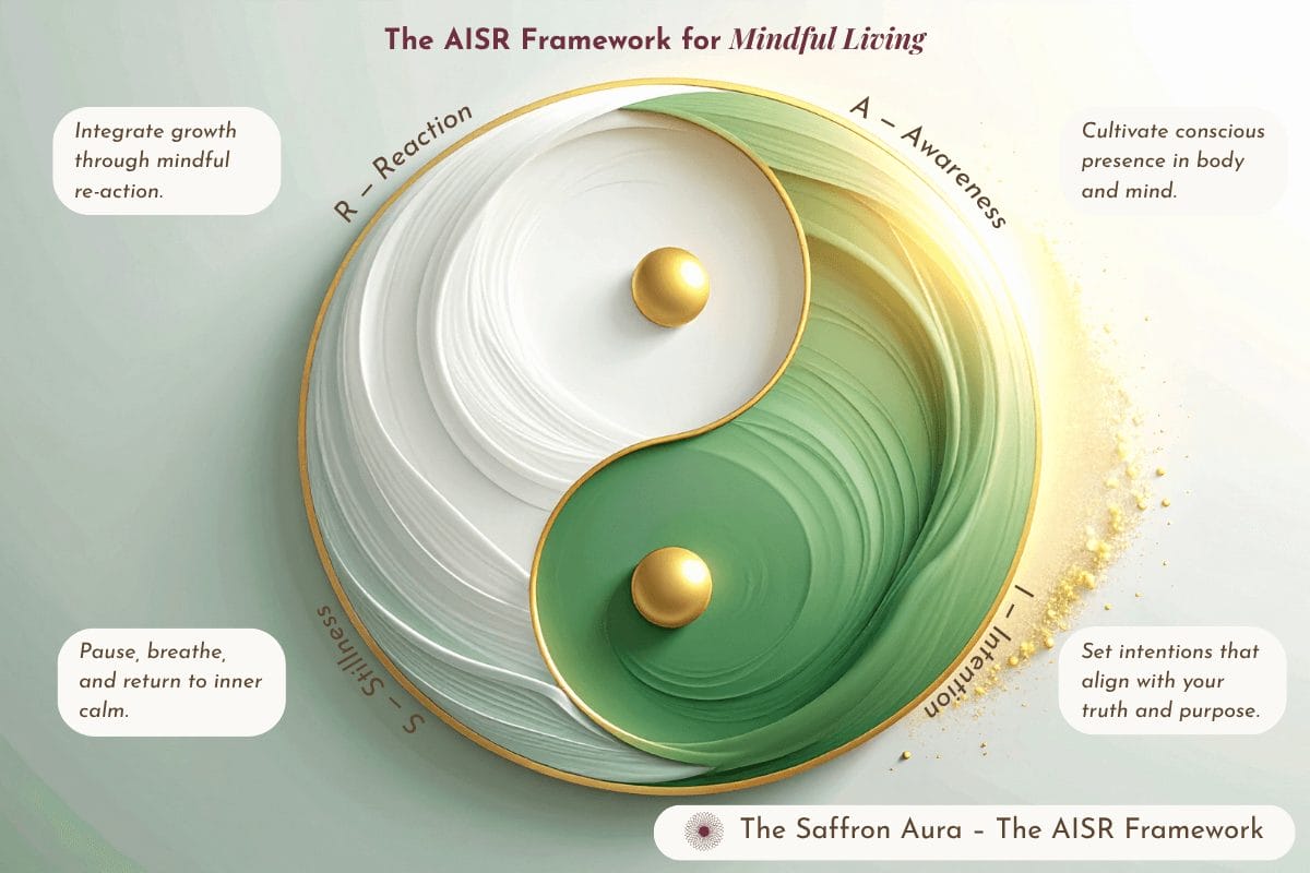 Elegant yin-yang style infographic illustrating The AISR Framework for Mindful Living — Awareness, Intention, Stillness, and Reaction — in soothing sage, ivory, and gold tones. A holistic model by The Saffron Aura for mindful balance and inner harmony.