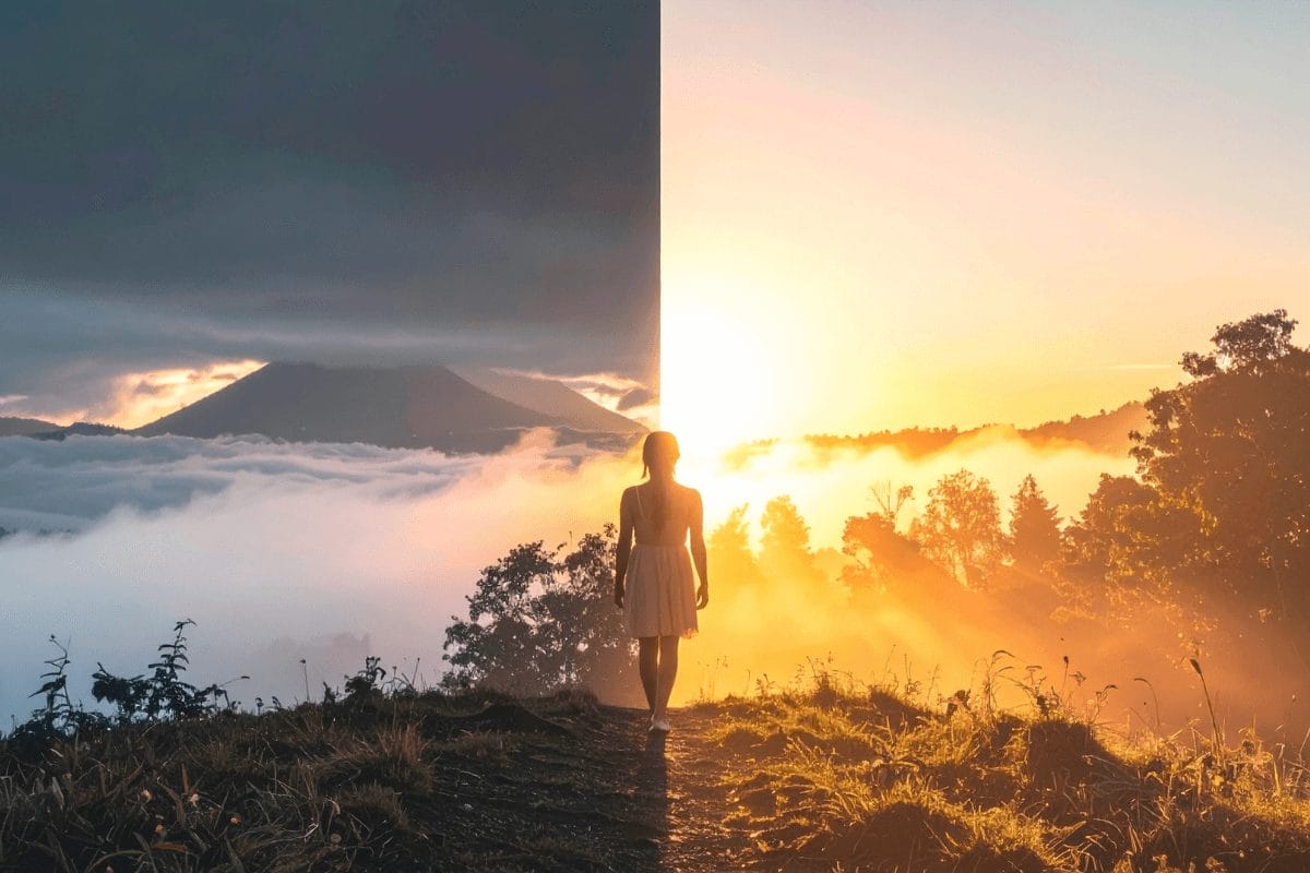 Healing and purpose – woman walking from fog and darkness into radiant golden light, symbolizing the veil of illness lifting into clarity, alignment, and soul healing.