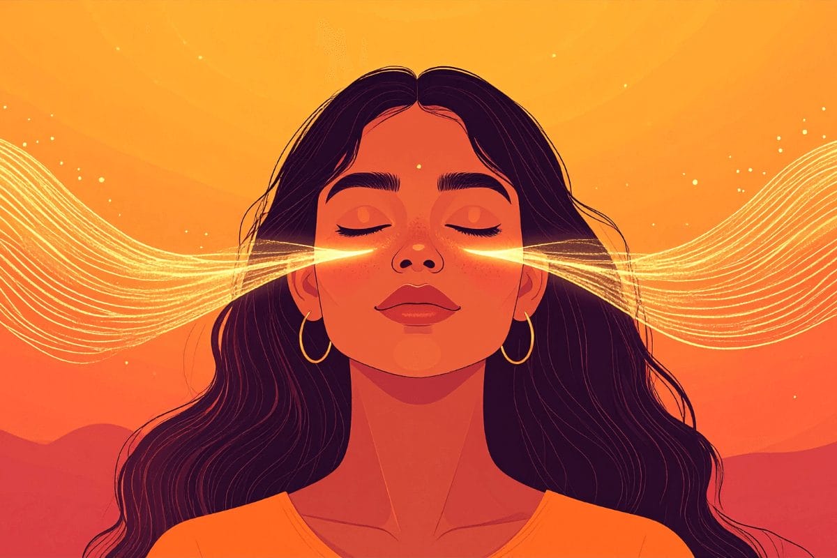 Alternate nostril breathing practice – serene woman surrounded by golden energy flow, symbolizing breathwork for healing, clarity, and balance.