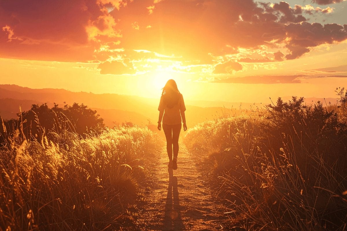 Journey to soul alignment – woman walking along a glowing golden path at sunrise, symbolizing healing, purpose, and spiritual transformation.