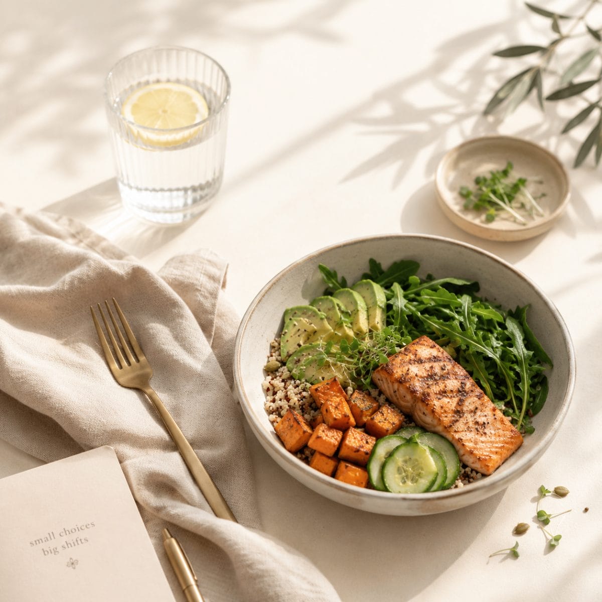 3 Day Gut Cleanse Nourishing Meal Vibrant 3 day gut cleanse at home healing meal with greens, sweet potatoes, and lemon on marble surface, symbolizing clarity and vitality.