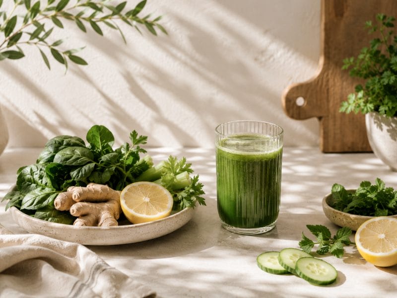 Vibrant Ayurvedic-inspired healing bowls with greens, lemon, and fresh vegetables on a marble surface — symbolizing digestive reset and gentle detox.