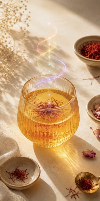 Aura Nutrition Drinks Energy Blooming Heart™ latte with a subtle purplish hue, topped with saffron threads, rose petals, and cardamom pods. Luxury wellness drink for heart opening, gut healing, and holistic nourishment.