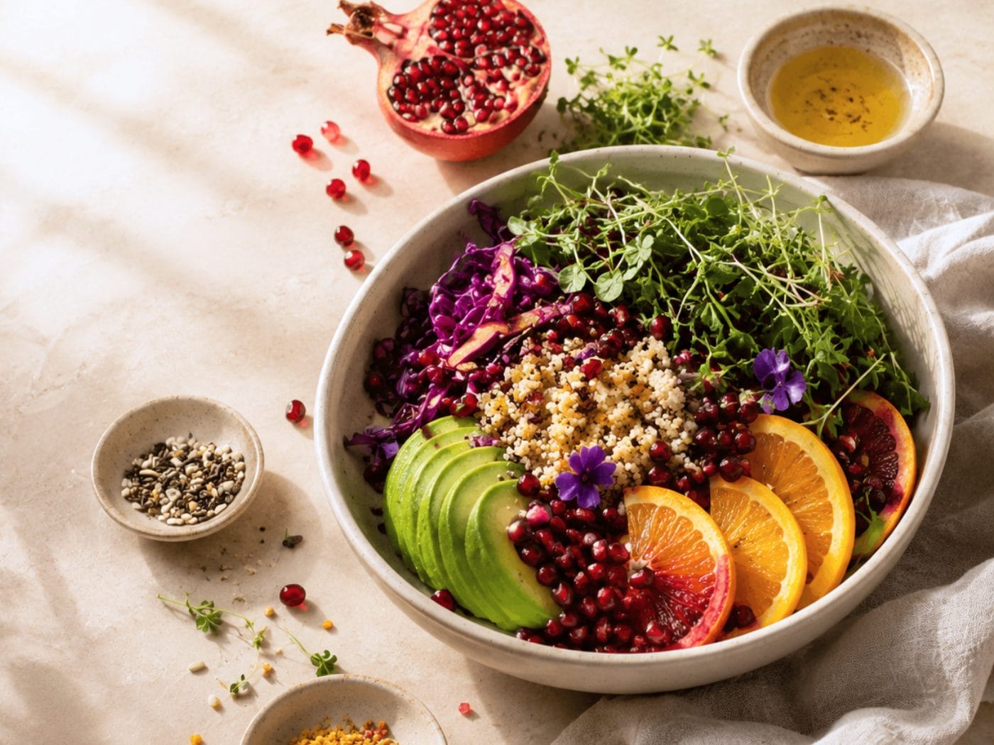 Physical Nourishment _ Aura Nutrition™ Colorful high-vibration meal bowl with avocado, purple cabbage, quinoa, and citrus on marble background — representing physical nourishment, digestive vitality, and cellular healing through Aura Nutrition™.